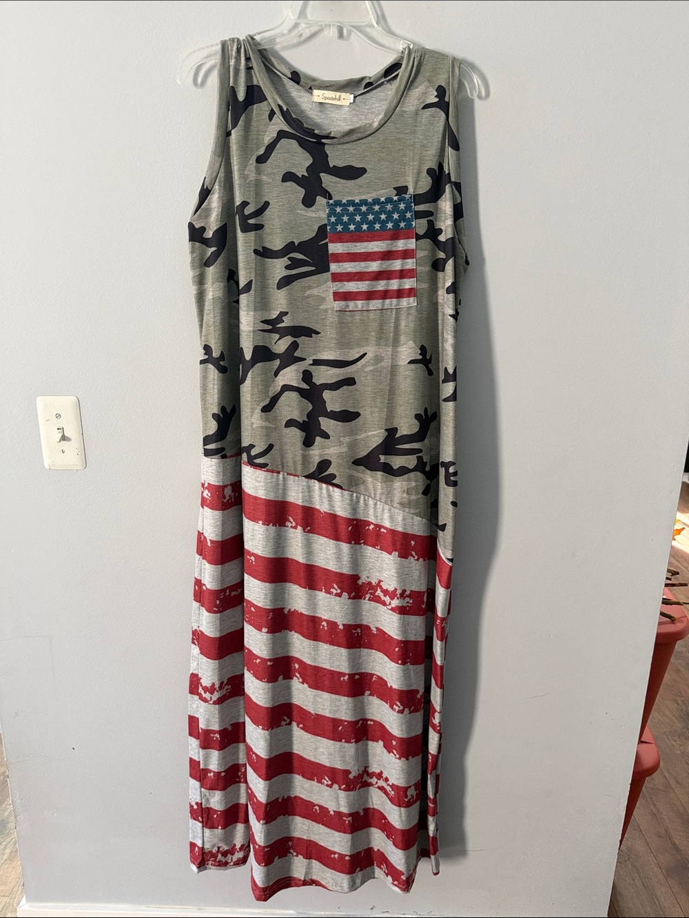 Sleeveless Camo & Flag Maxi Dress - Gray with Red Accent